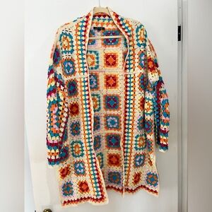CHARLIE B Crochet Granny Square Long Cardigan Size XL Boho Colourful Festival